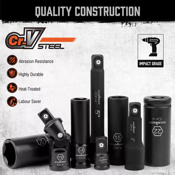 19Pc Deep Socket Set Impact 1/2" Drive Extension Bars Flexible Adapter 10-24mm