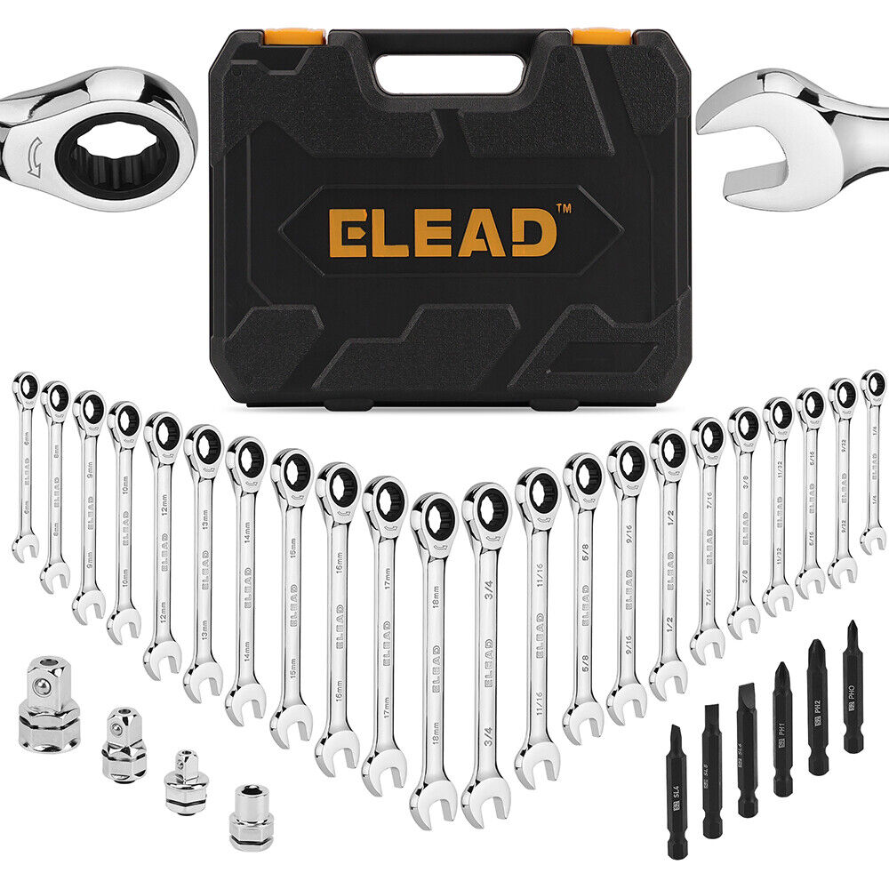 ELEAD 33Pcs Ratchet Wrench Set SAE Metric Wrench Phillips Slotted Bits Adapter