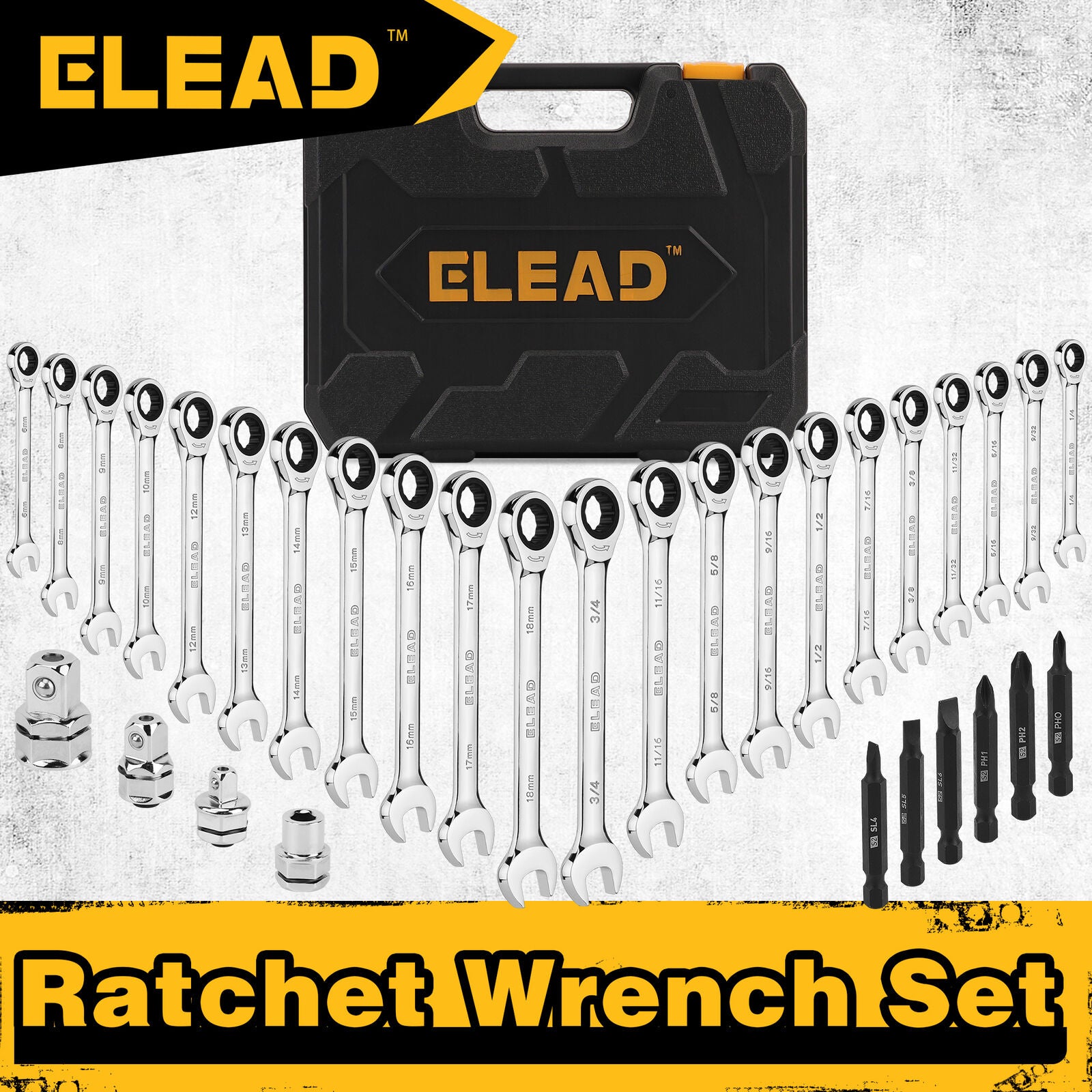 ELEAD 33Pcs Ratchet Wrench Set SAE Metric Wrench Phillips Slotted Bits Adapter - 0