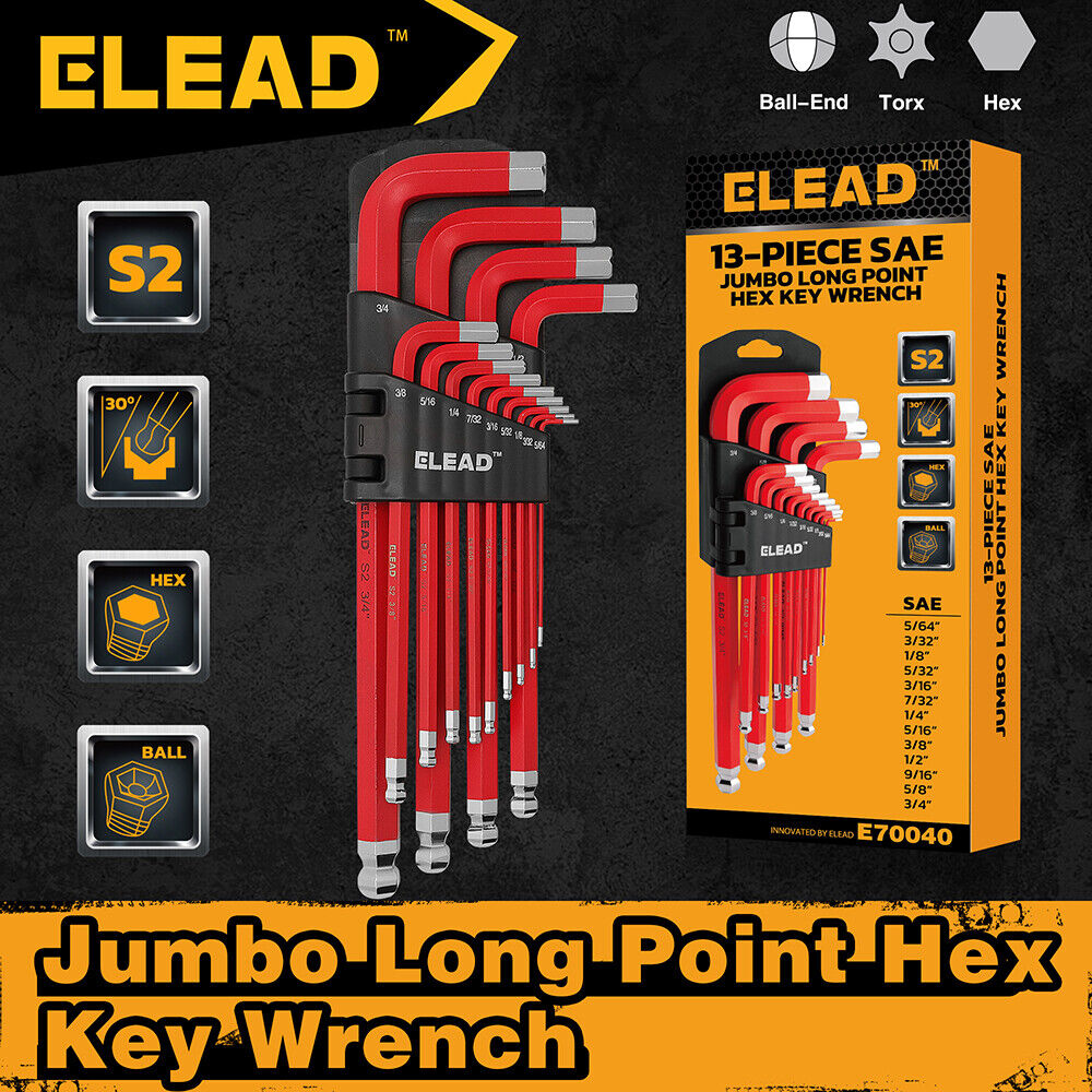 ELEAD 13Pc Extra Large Hex Key Set Long Allen Key Wrench Ball End SAE 5/64"-3/4 - 0