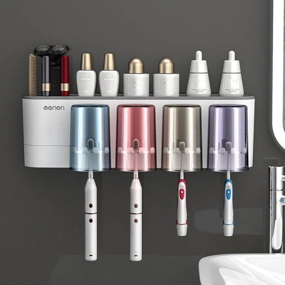 Bathroom Wall Mounted Toothbrush Holder Toothpaste Stand Storage Rack With Cup - Two Cups Set