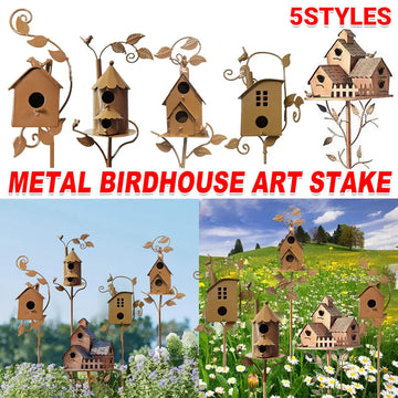 Birdhouse Garden Stakes Outdoor Yard Ornaments for Lawn and Garden Decoration - D - 0