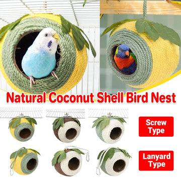 Bird Nest Parrot Nest Coconut Shell Braided Twine Colourful Cage Hanging Bed - White-Brown-Screw Model - 0