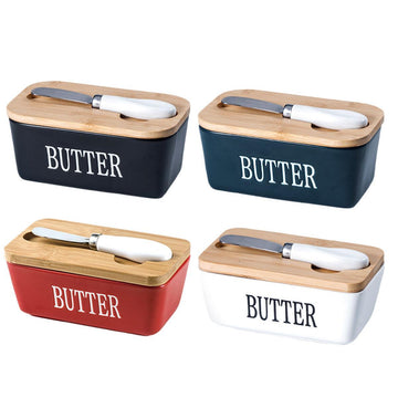 Butter Box with Knife Rectangular Cheese Container with Wooden Lid for Kitchen - Black - 0