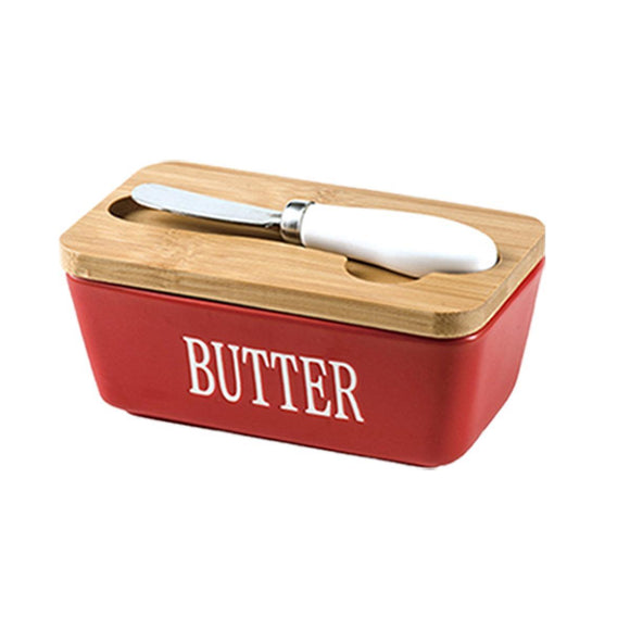 Butter Box with Knife Rectangular Cheese Container with Wooden Lid for Kitchen - Green