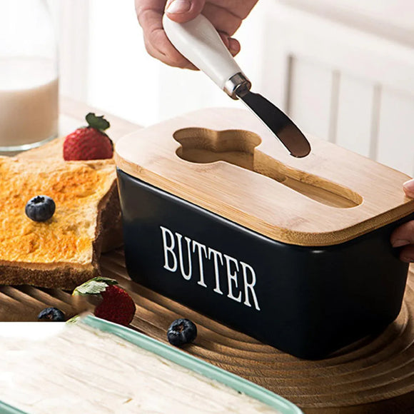 Butter Box with Knife Rectangular Cheese Container with Wooden Lid for Kitchen - Red