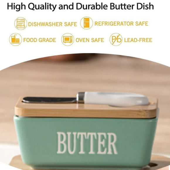 Butter Box with Knife Rectangular Cheese Container with Wooden Lid for Kitchen - Red