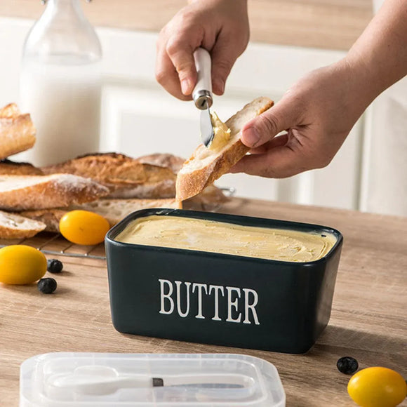 Butter Box with Knife Rectangular Cheese Container with Wooden Lid for Kitchen - Red