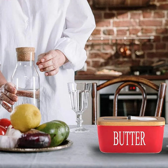 Butter Box with Knife Rectangular Cheese Container with Wooden Lid for Kitchen - Red