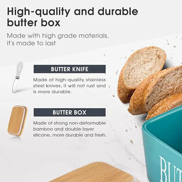 Butter Box with Knife Rectangular Cheese Container with Wooden Lid for Kitchen - Red