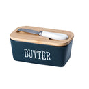 Butter Box with Knife Rectangular Cheese Container with Wooden Lid for Kitchen - Blue-1
