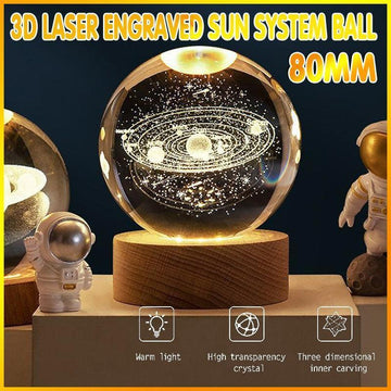3D Crystal Solar System Ball with LED Light and Wooden Base 80mm Gift Decor