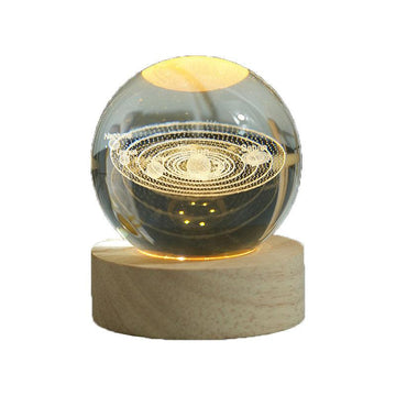 3D Crystal Solar System Ball with LED Light and Wooden Base 80mm Gift Decor - 0