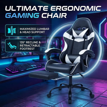 Black and White Gaming Chair with Footrest and Lumbar Support - 0