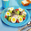 50-Pack Blue and Gold Polka Dot Disposable Paper Dessert Plates, 7 in-6