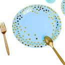 50-Pack Blue and Gold Polka Dot Disposable Paper Dessert Plates, 7 in-12