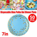 50-Pack Blue and Gold Polka Dot Disposable Paper Dessert Plates, 7 in-13