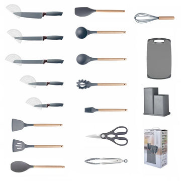 19-Piece Grey Kitchen Utensil Set with Storage Holder - 0
