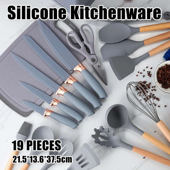 19-Piece Grey Kitchen Utensil Set with Storage Holder