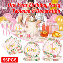 96-Piece First Birthday Floral Tableware Pack for 24 Place Settings-1