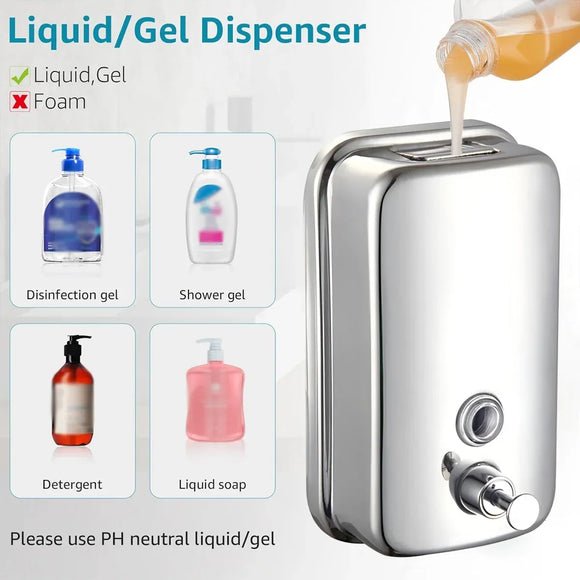 Stainless Steel Wall Mounted Soap Dispenser Hotel Bathroom Sanitizer Bottle - 500ML