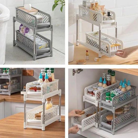 Bathroom Kitchen Sink Storage Rack Drawer Plastic Shelf Seasoning Holder - Grey