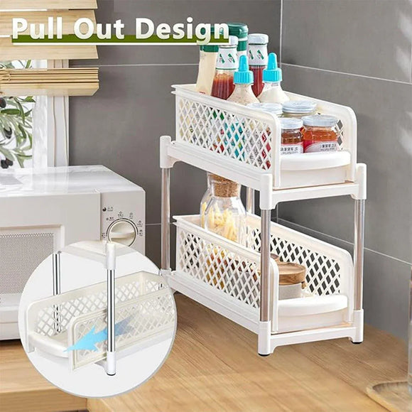 Bathroom Kitchen Sink Storage Rack Drawer Plastic Shelf Seasoning Holder - White