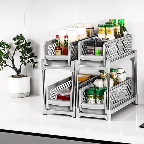 Bathroom Kitchen Sink Storage Rack Drawer Plastic Shelf Seasoning Holder - White