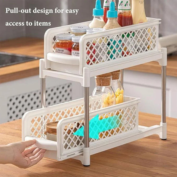 Bathroom Kitchen Sink Storage Rack Drawer Plastic Shelf Seasoning Holder - White