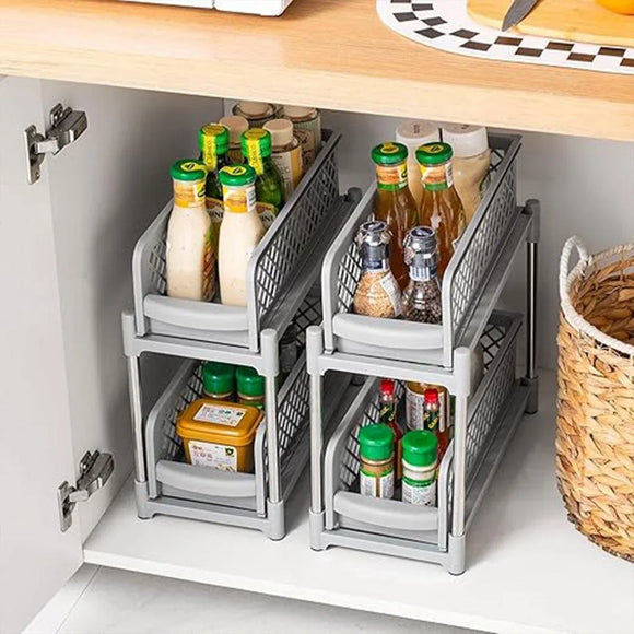 Bathroom Kitchen Sink Storage Rack Drawer Plastic Shelf Seasoning Holder - White