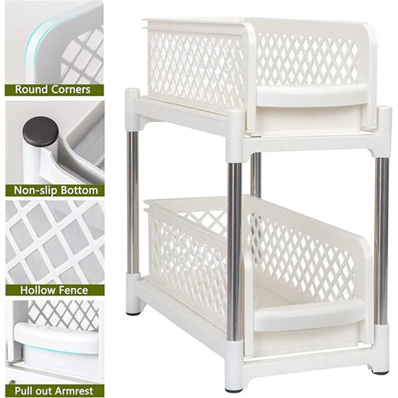 Bathroom Kitchen Sink Storage Rack Drawer Plastic Shelf Seasoning Holder - White
