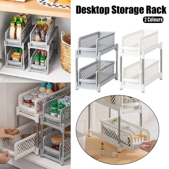 Bathroom Kitchen Sink Storage Rack Drawer Plastic Shelf Seasoning Holder - White