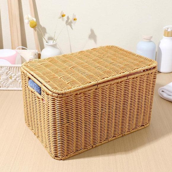 Storage Box Bedroom Organizer Faux Rattan Woven Basket with Lid Home