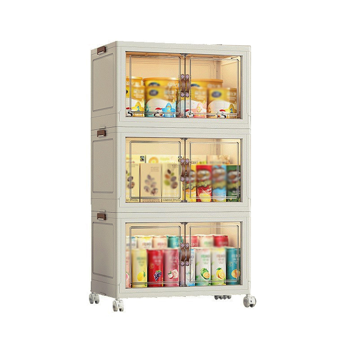 3 Tier Folding Storage Cabinet Shelf with Doors and Wheels for Home Office Dorm - 0