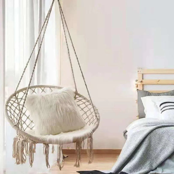 Beige Hanging Chair with Tassels and Two Rings - 1 Piece