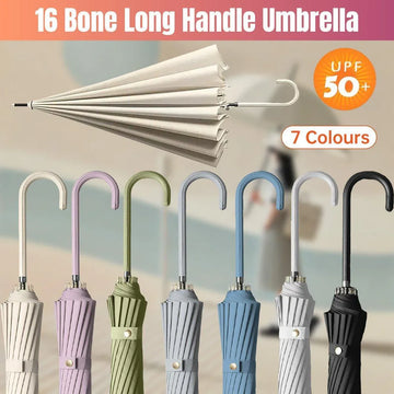 Large 16 Bone Automatic Umbrella Unisex Long Handle Dual Use Rain Sun Umbrella - White - 0