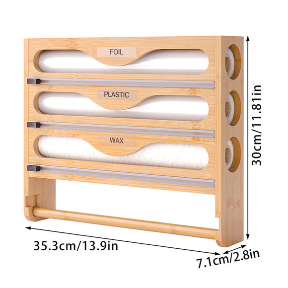Wall Mounted Plastic Wrap Cutter Bamboo Multi Cell Kitchen Storage Box Organizer