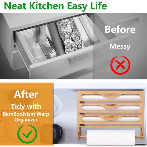 Wall Mounted Plastic Wrap Cutter Bamboo Multi Cell Kitchen Storage Box Organizer