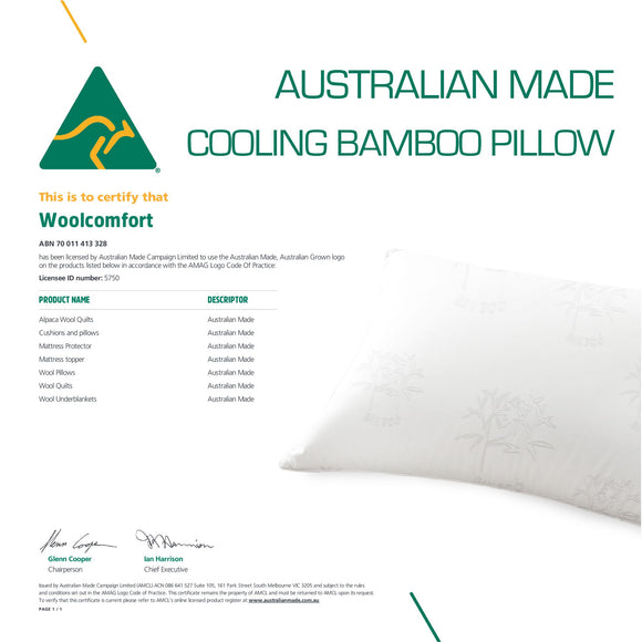 Luxor Australian Made Bamboo Cooling Pillow Standard Size Single Pack