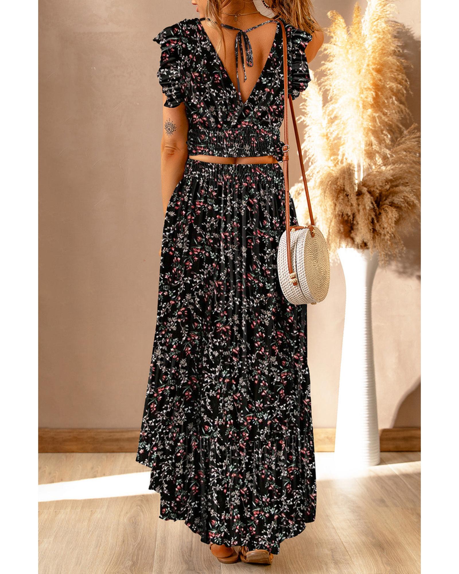 Azura Exchange Floral Ruffled Crop Top and Maxi Skirt Set - M - 0