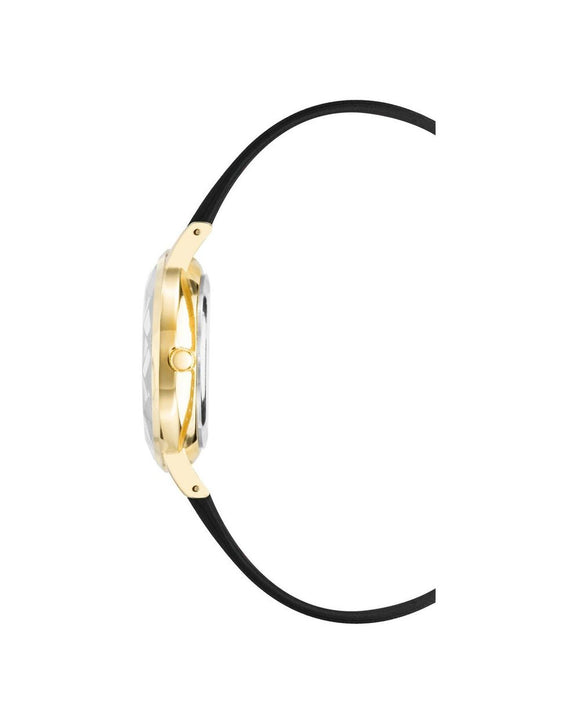 Gold Fashion Womens Analog Quartz Watch with Black Leatherette Wristband One Size Women