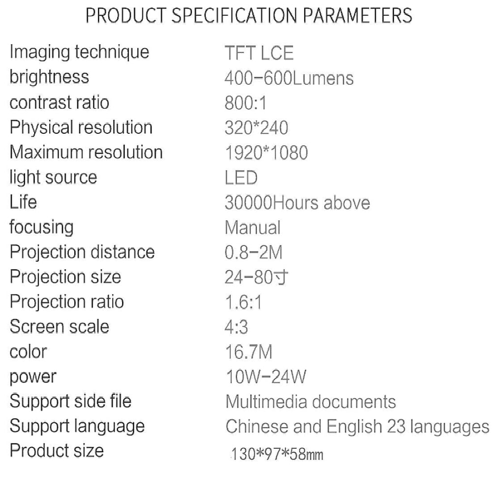 Portable Mini Projector - 80 Lumens 1080P Support 320X240 Pixels