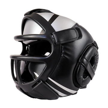 Competition Sparring Boxing Helmet For Head Protection - Black With Mask - L