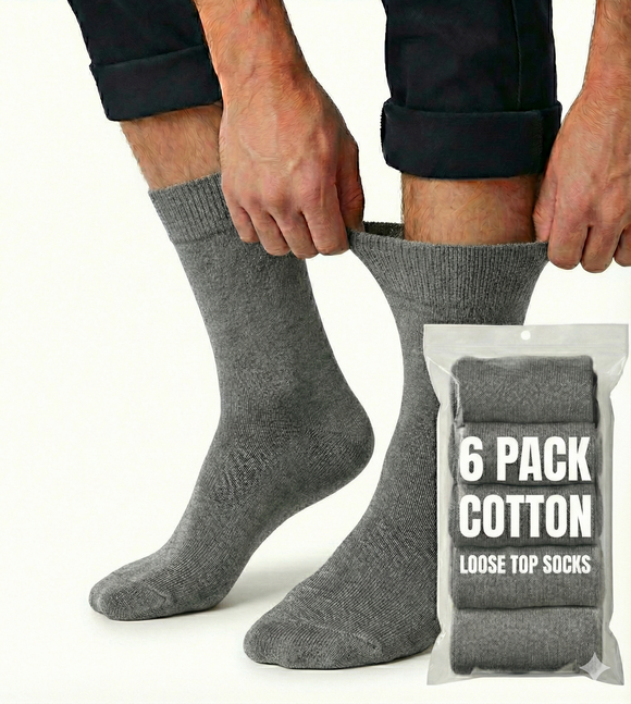 6x Pair COTTON Rich LOOSE TOP SOCKS Circulation Diabetic Comfort in Grey