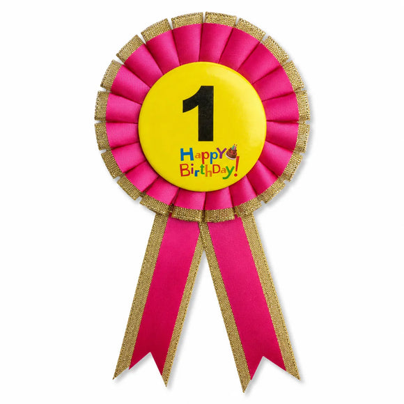 Kids Birthday Badge Rosette with Ribbon Party Favour Fancy Dress - Age 1 Pink