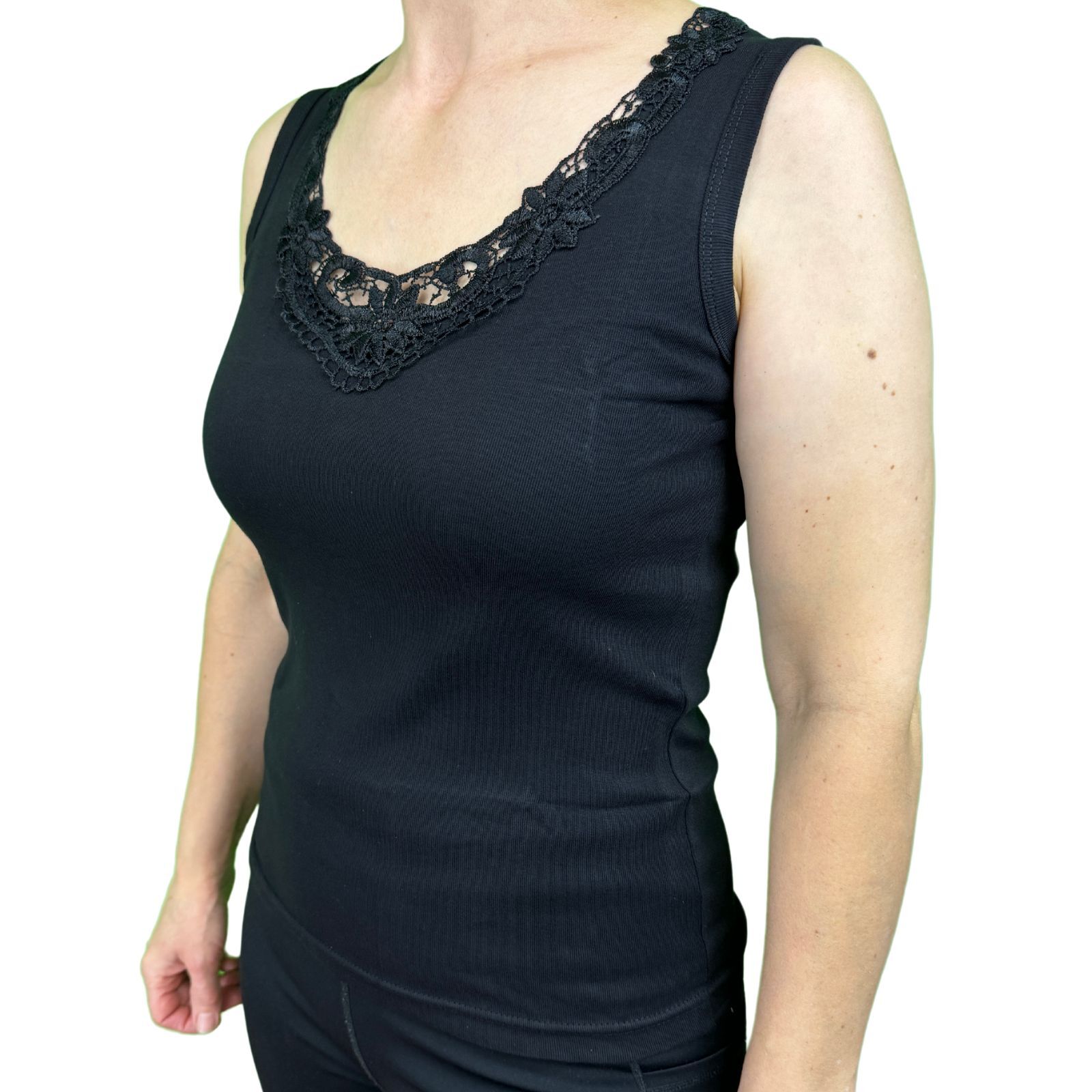 Ladies Sleeveless Singlet Top Womens Summer Basic Tank Shirt Lace Motif Front - Black - 20-22