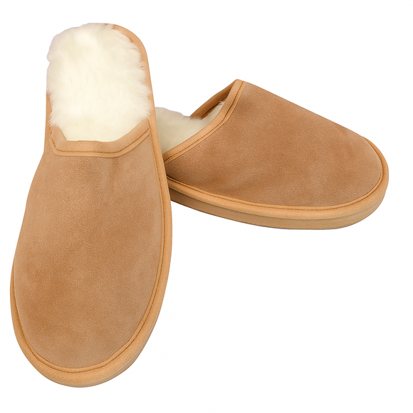 Sheepskin Wool Mens Slippers Scuffs Slip On Winter Ugg Slippers in Chestnut - 8