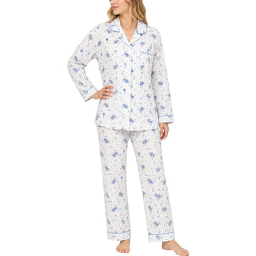 Womens Pyjama Set 100% Cotton Long Sleeve Button Up PJs Sleepwear - Blue Floral