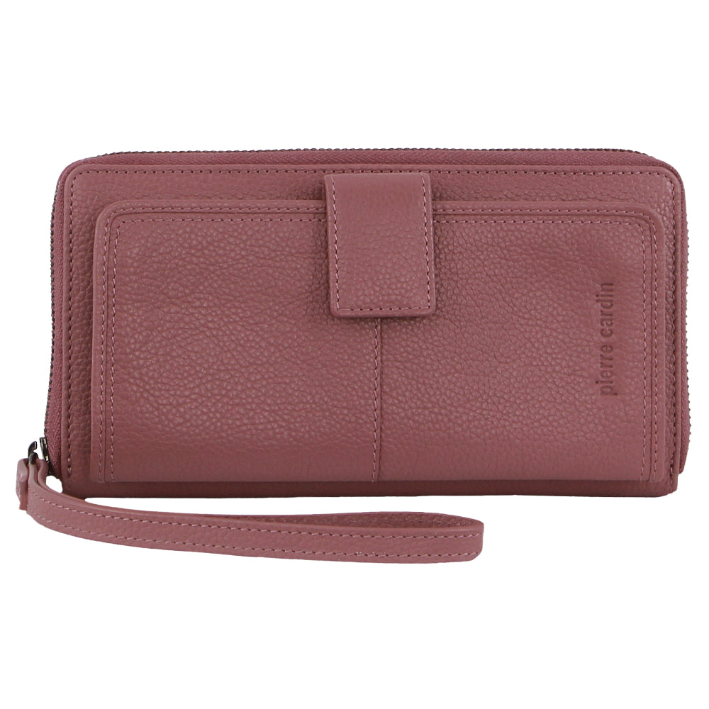 Pierre Cardin Womens Leather Zip Around Wallet RFID Blocking w/ Wristlet in Rose - 0