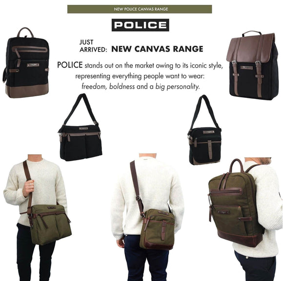 POLICE Wings Canvas Mens Messenger Business Bag w/ Laptop Computer Section in Black